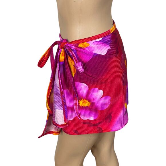 Vtg 80s Red Pink Tropical Floral Beach Swim Wrap Mini Skirt One Size - Picture 3 of 6